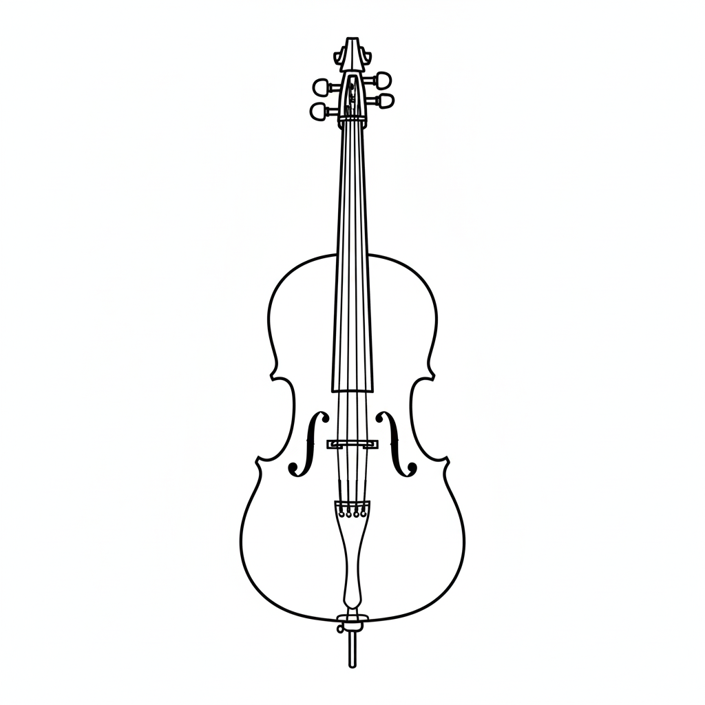Line drawing of a cello viewed from the front.