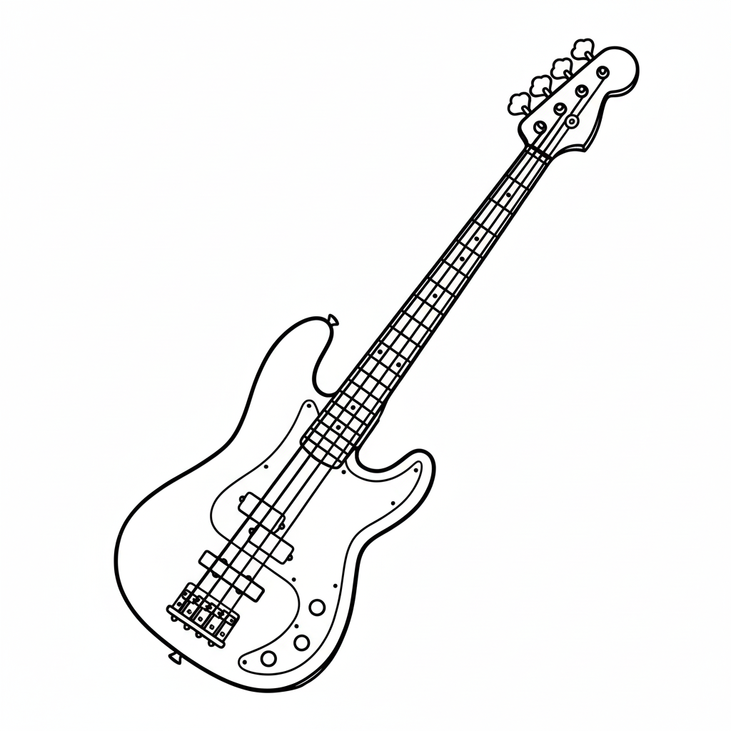 Black and white line drawing of an electric bass guitar.