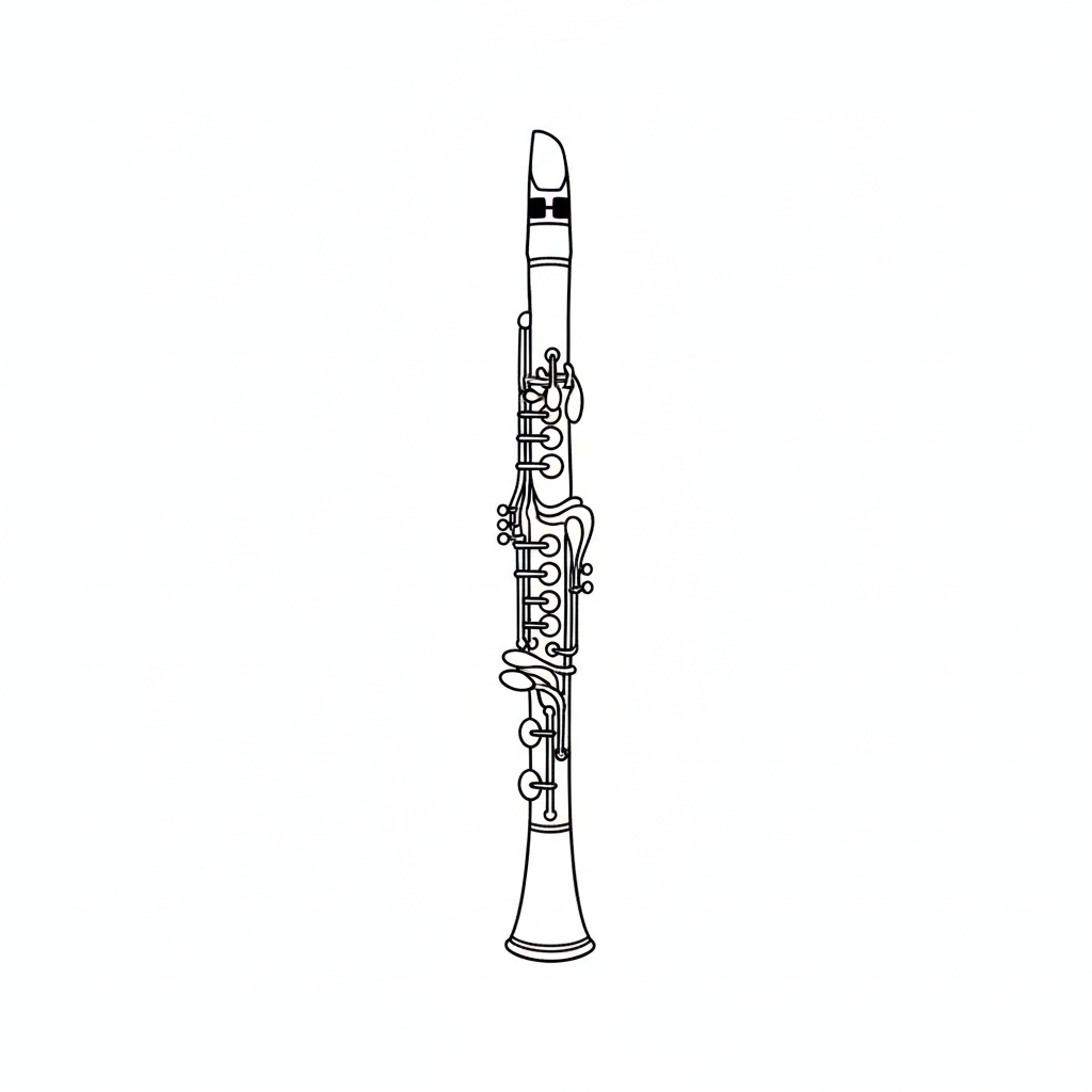 Line drawing of a clarinet, a woodwind musical instrument with keys and a mouthpiece.