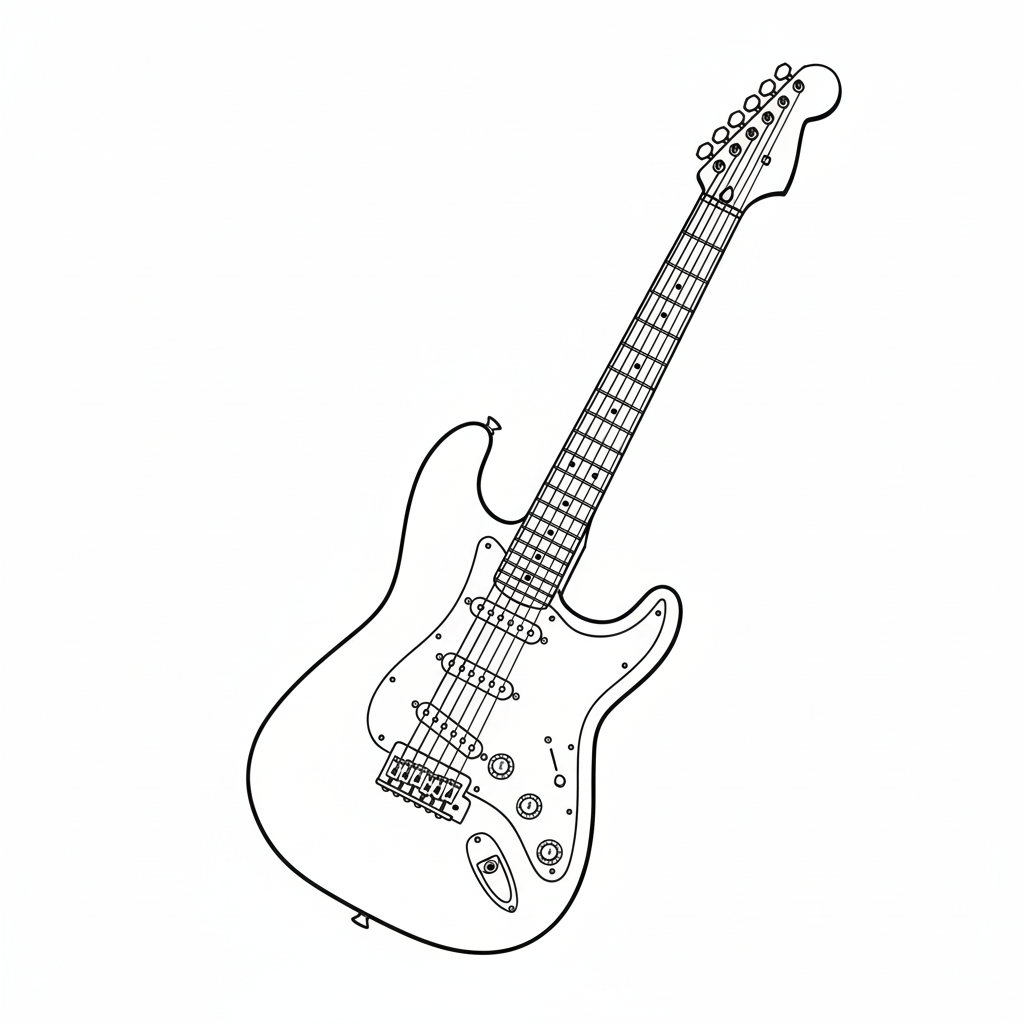 Line drawing of an electric guitar with a classic Stratocaster shape, six strings, three pickups, and a tremolo bridge system.