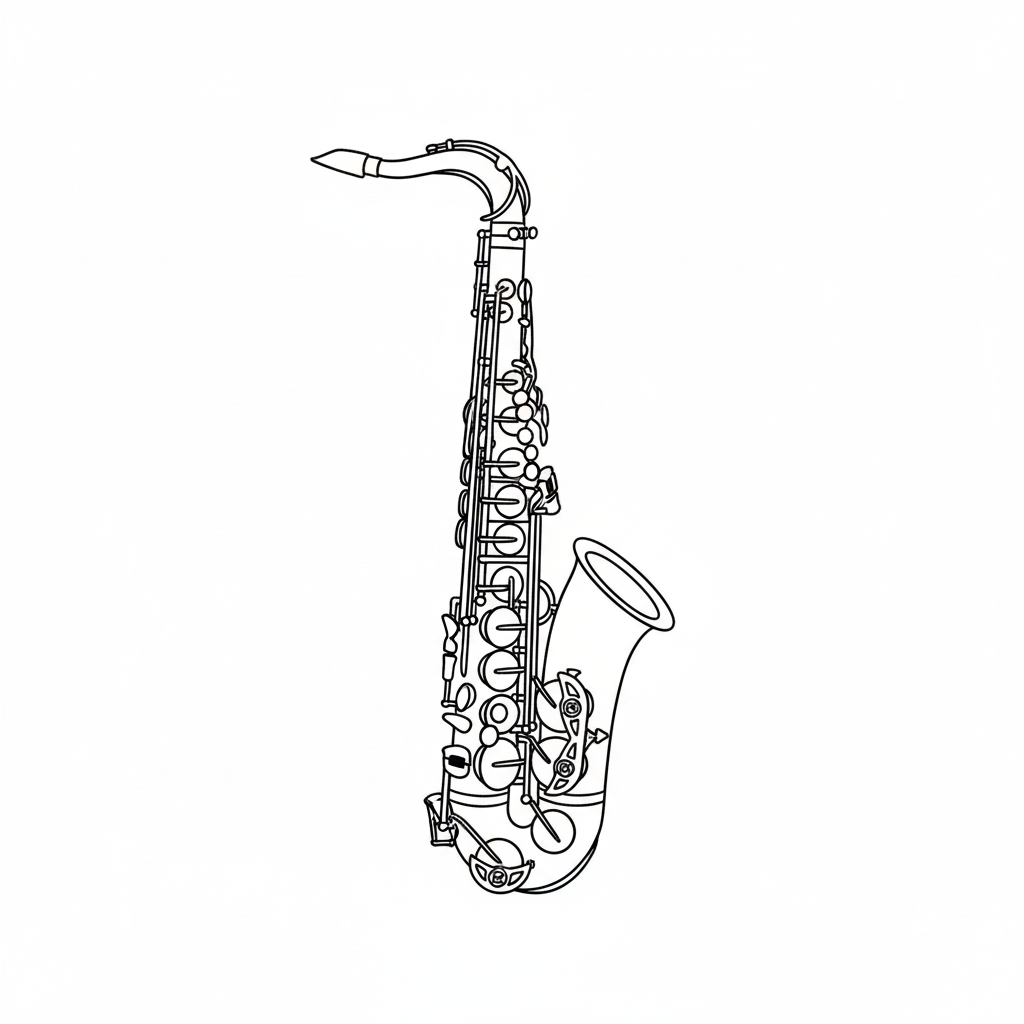 Black and white line drawing of a saxophone.