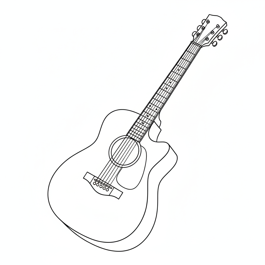 Line drawing of an acoustic guitar with visible strings, fretboard, and tuning pegs.