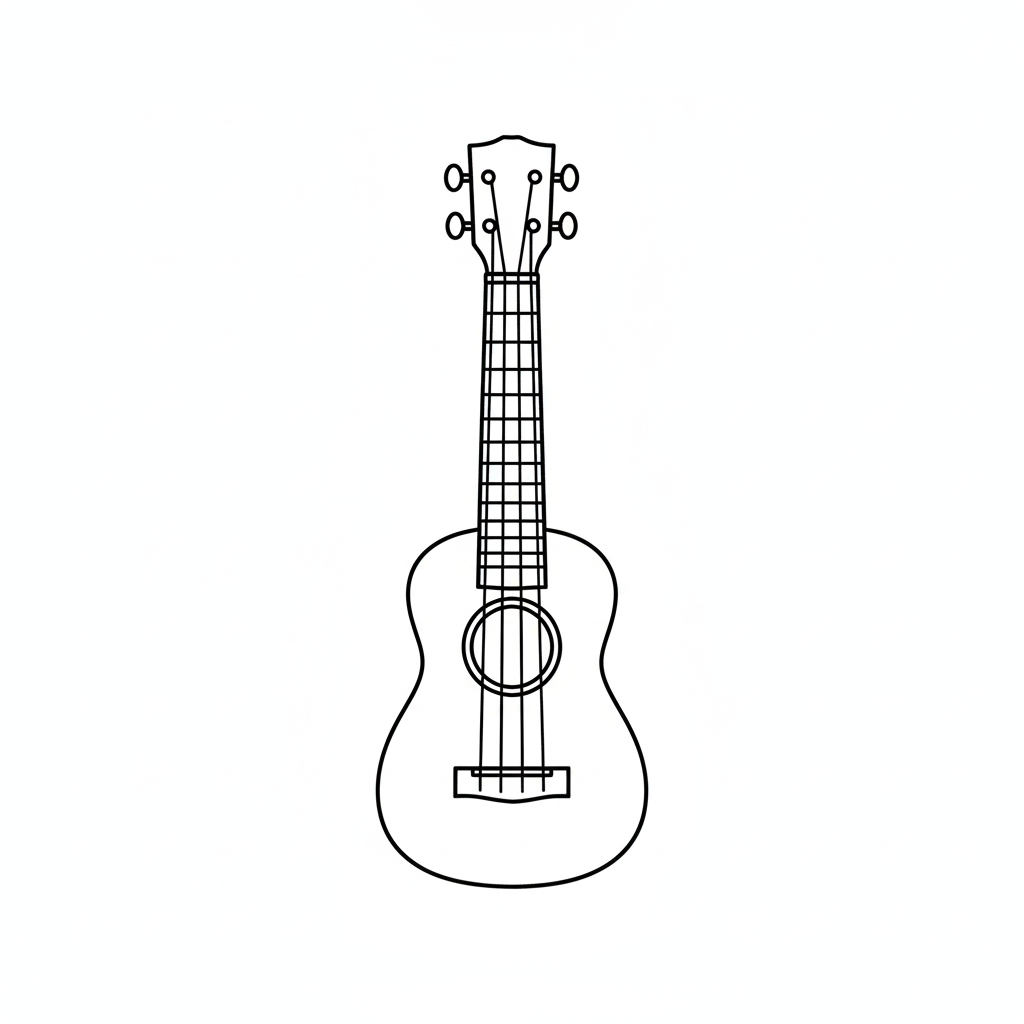 Line drawing of an ukulele from a front view.