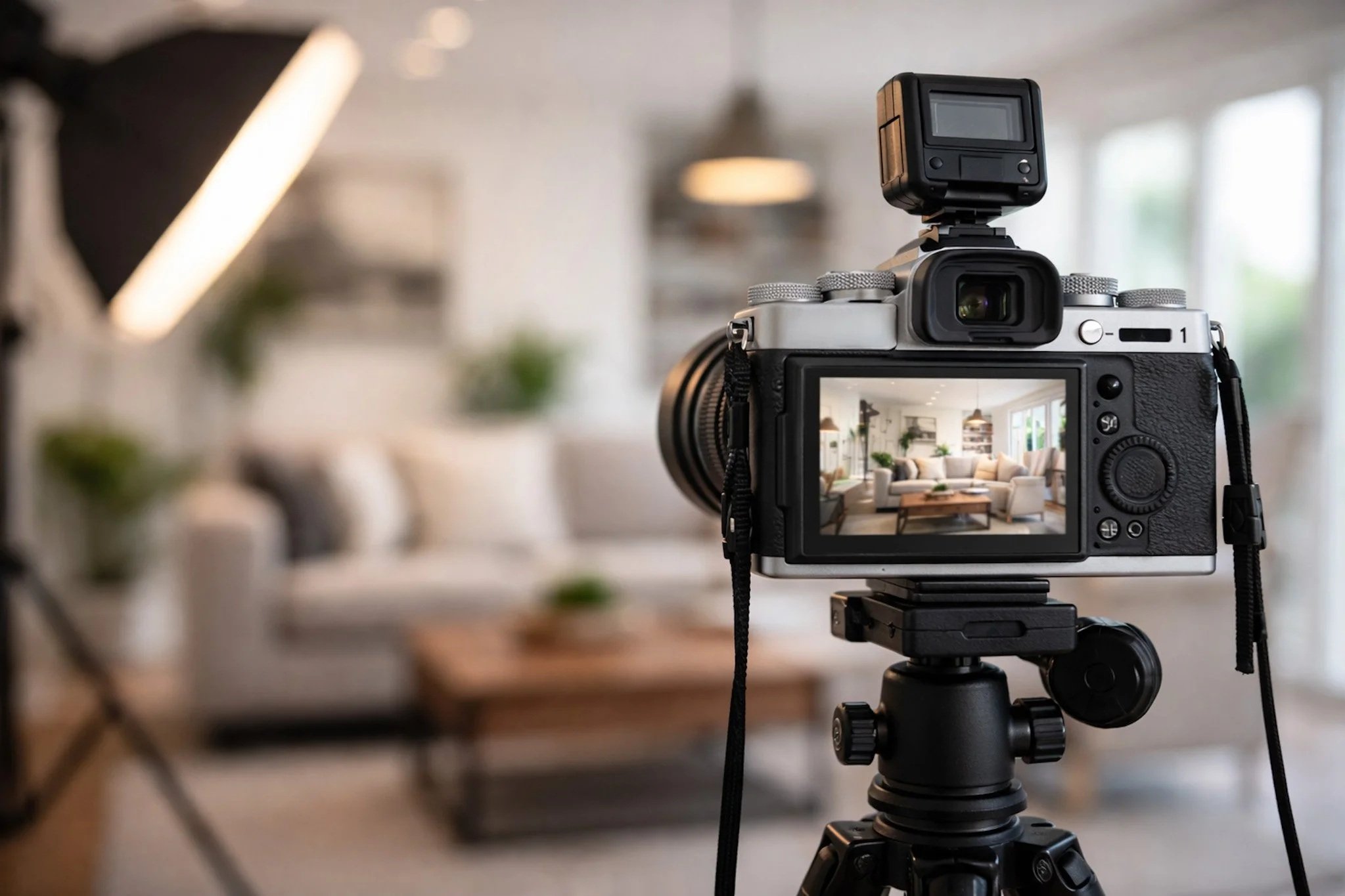 A professional camera mounted on a tripod capturing a photo of a living room interior with sofas, coffee table, and hanging pendant lights.