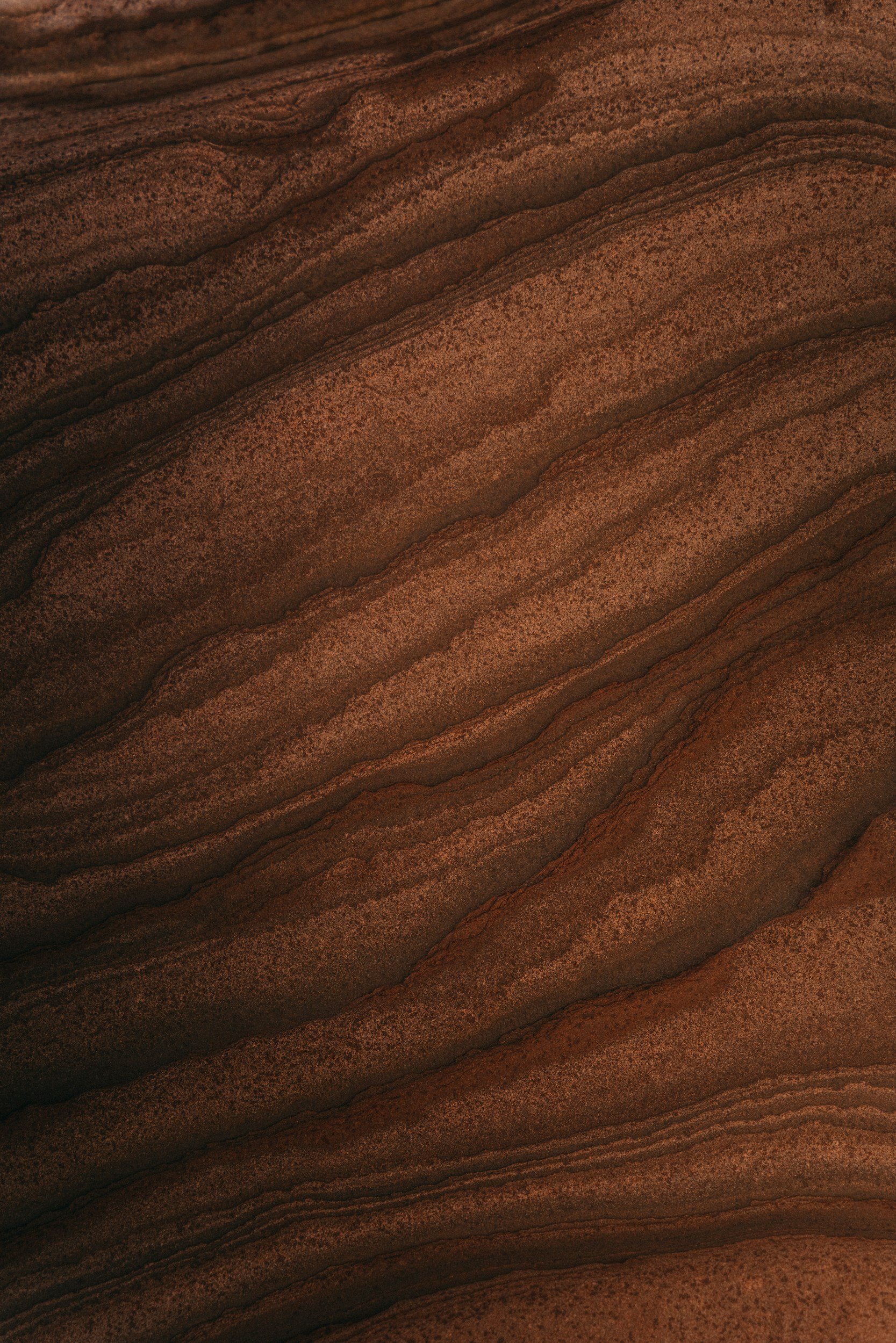 Close-up of layered, reddish-brown sandstone rock with wavy patterns.