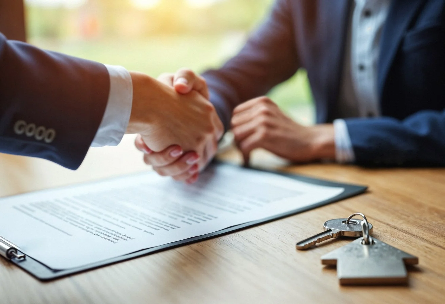 Two people shaking hands over a table with a document, house-shaped keychain, and key on it