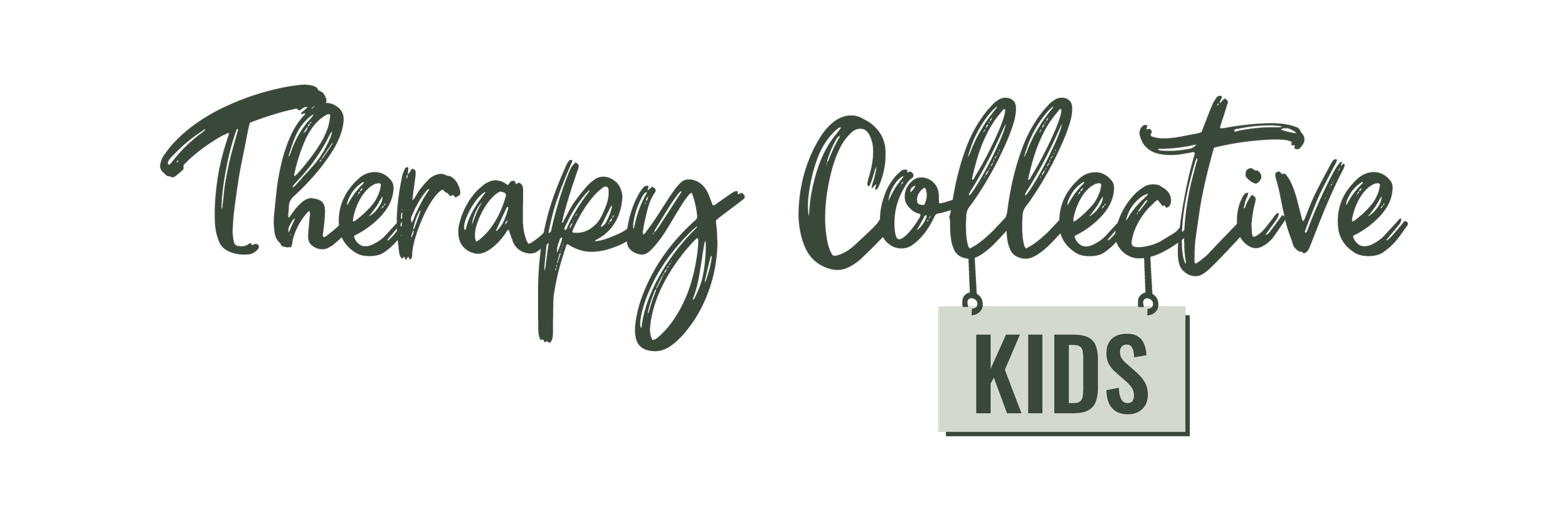 Logo for Therapy Collective Kids with the words 'Therapy Collective' in cursive font and a sign hanging below with the word 'KIDS' in bold capital letters.