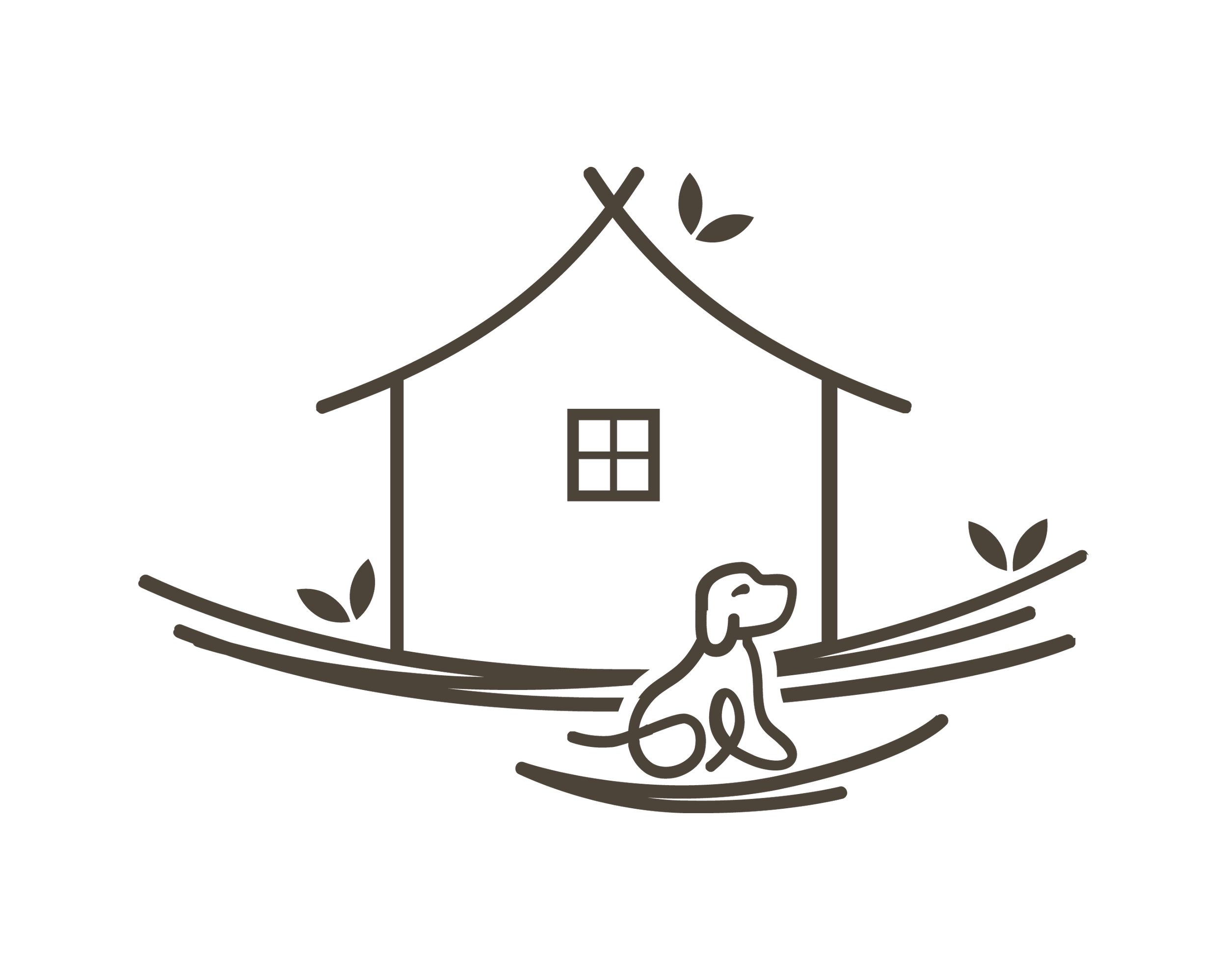 A logo featuring a house with a dog sitting outside, surrounded by a circular outline and decorative leaves, with a blue accent on the house.
