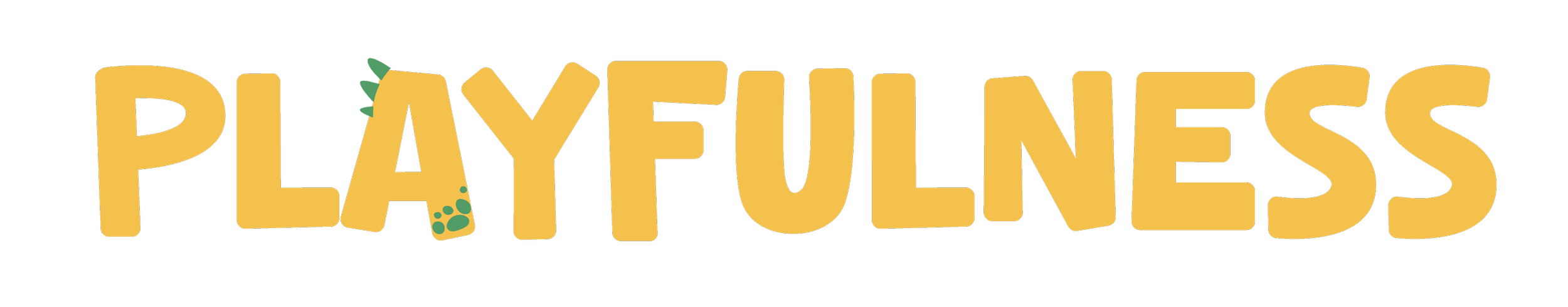 The word 'PLAYFULNESS' written in large, playful yellow letters with small green paw prints around the letters, on a black background.