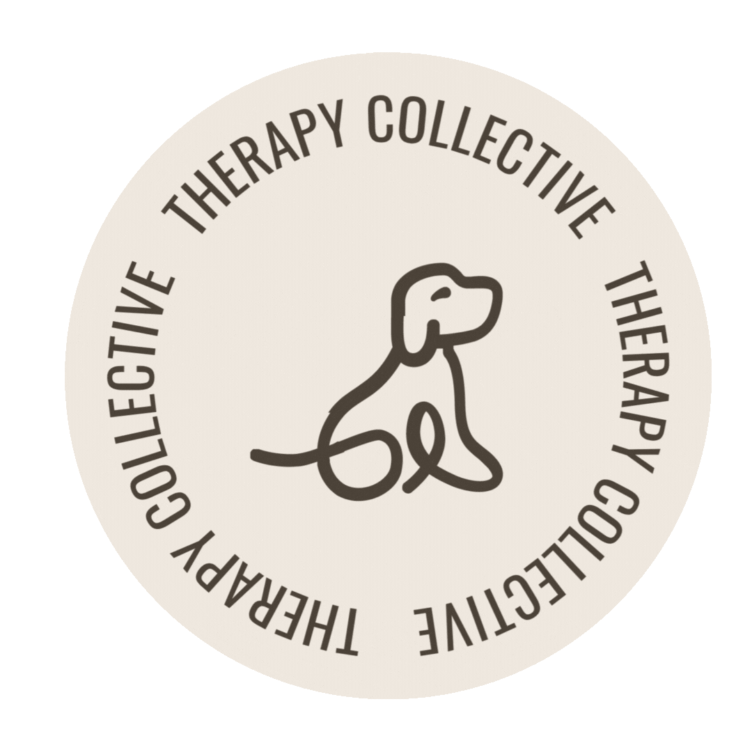 A circular logo with the words 'Therapy Collective' repeated around the perimeter. In the center, there is a simple line drawing of a sitting dog with a leash.