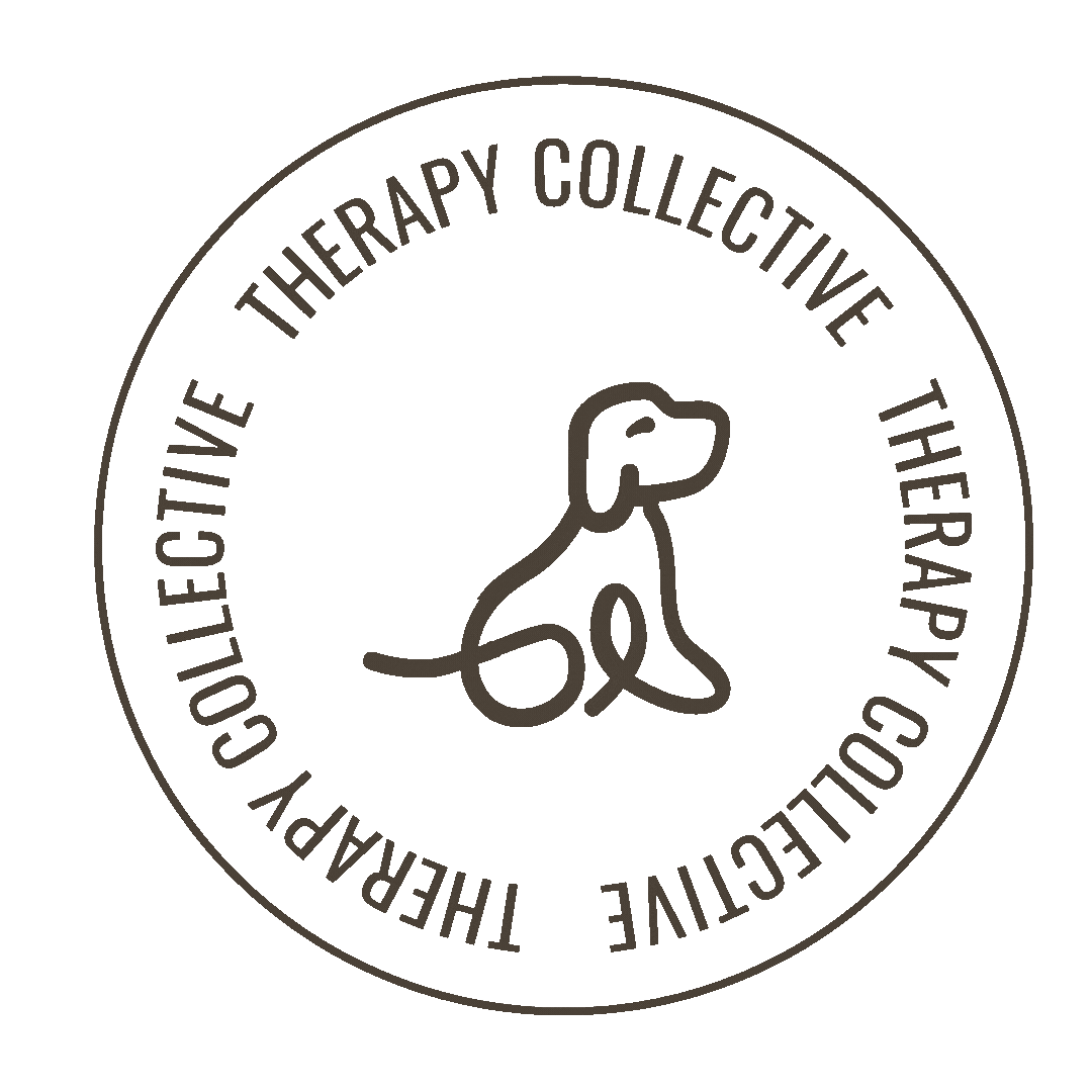 A logo with a simple line drawing of a sitting dog inside a circle. The circle's perimeter contains the text, "THERAPY COLLECTIVE" repeated twice, forming a ring around the dog illustration.