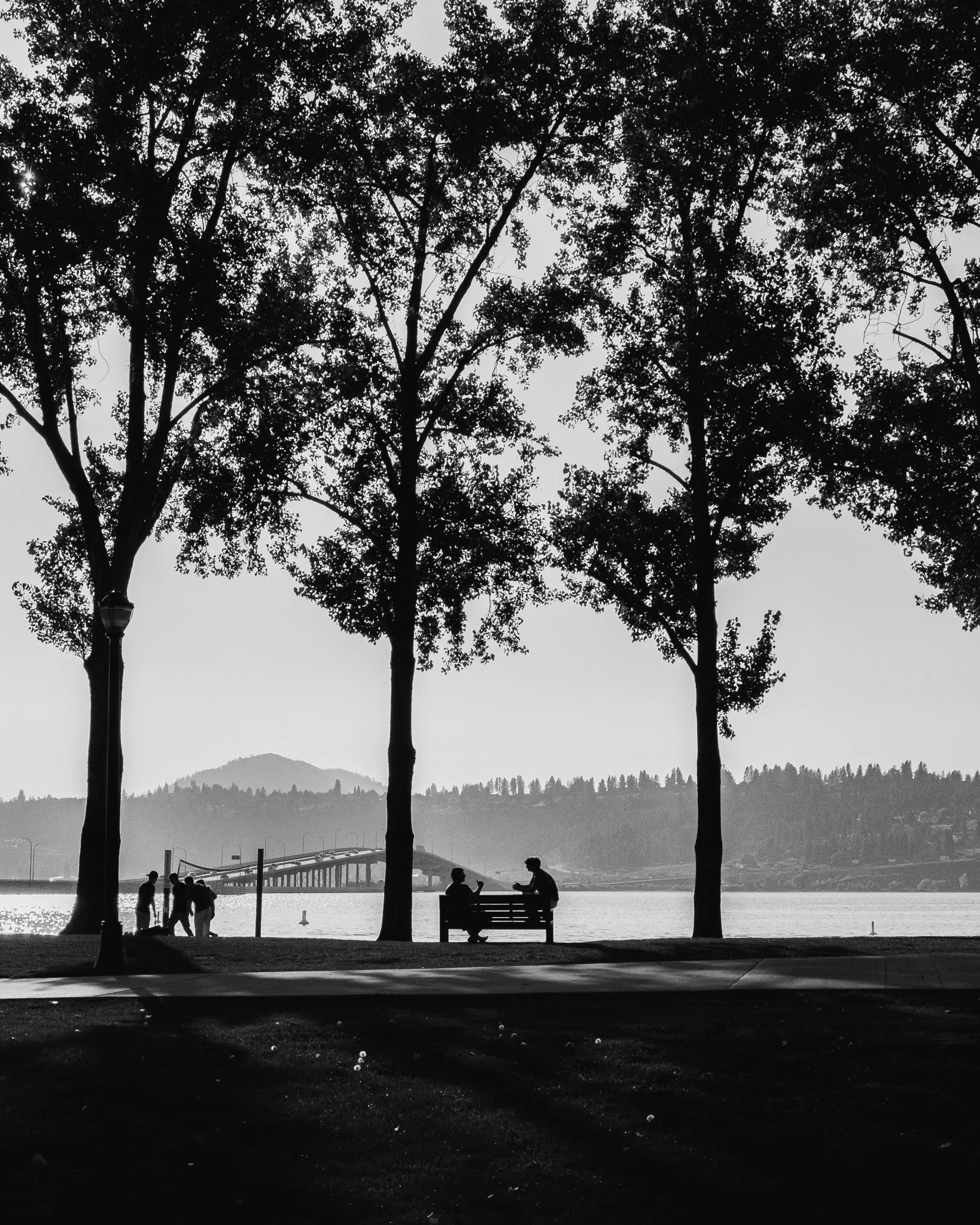 Silhouettes of two people sitting on a park bench by the water, with a bridge and mountain in the background, and trees lining the scene in black and white.