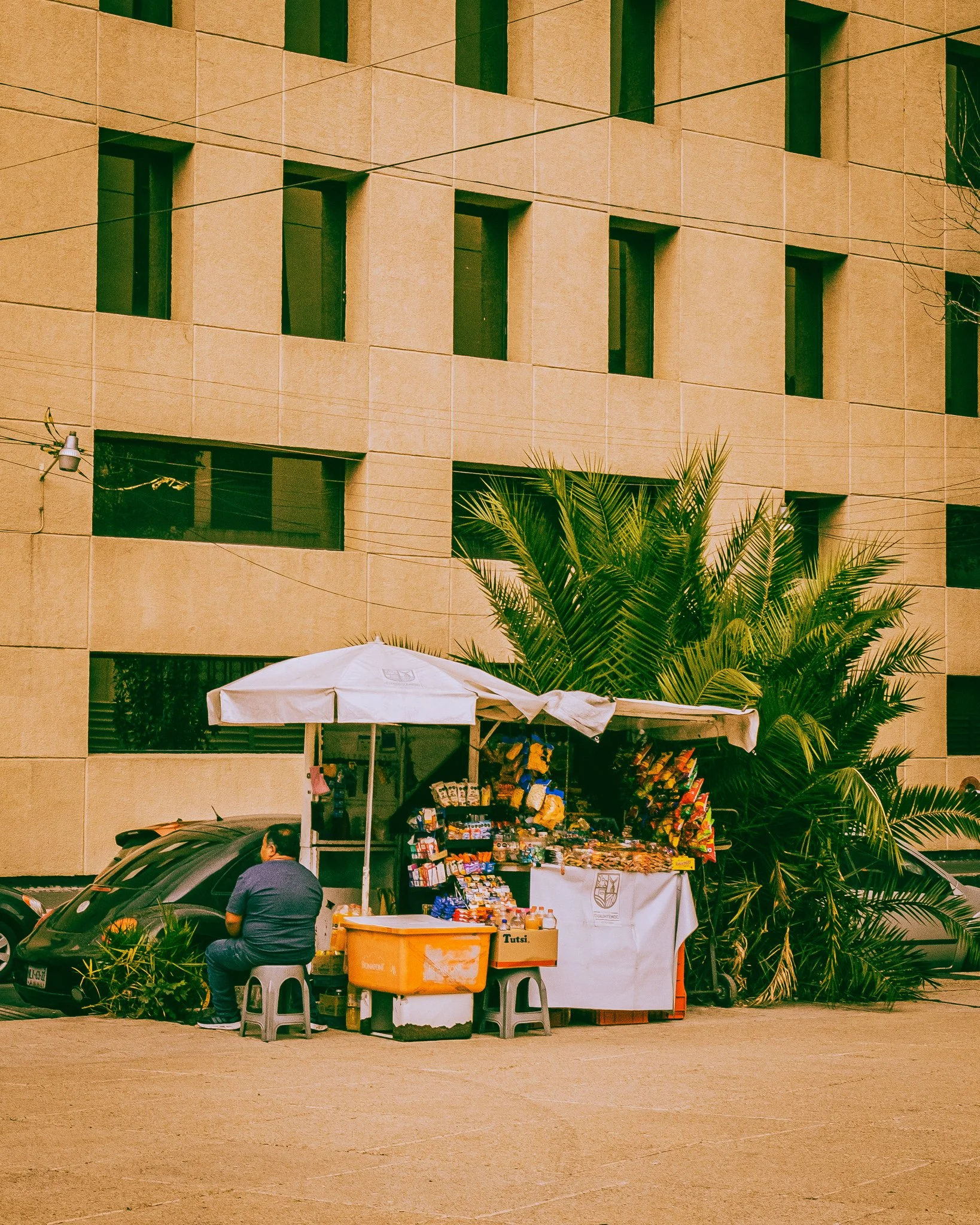 A street vendor stall with snacks and drinks set up on the sidewalk in front of a modern beige building with small, rectangular windows. A person sits on a small stool near the stall, and a large green palm plant is behind the stall.