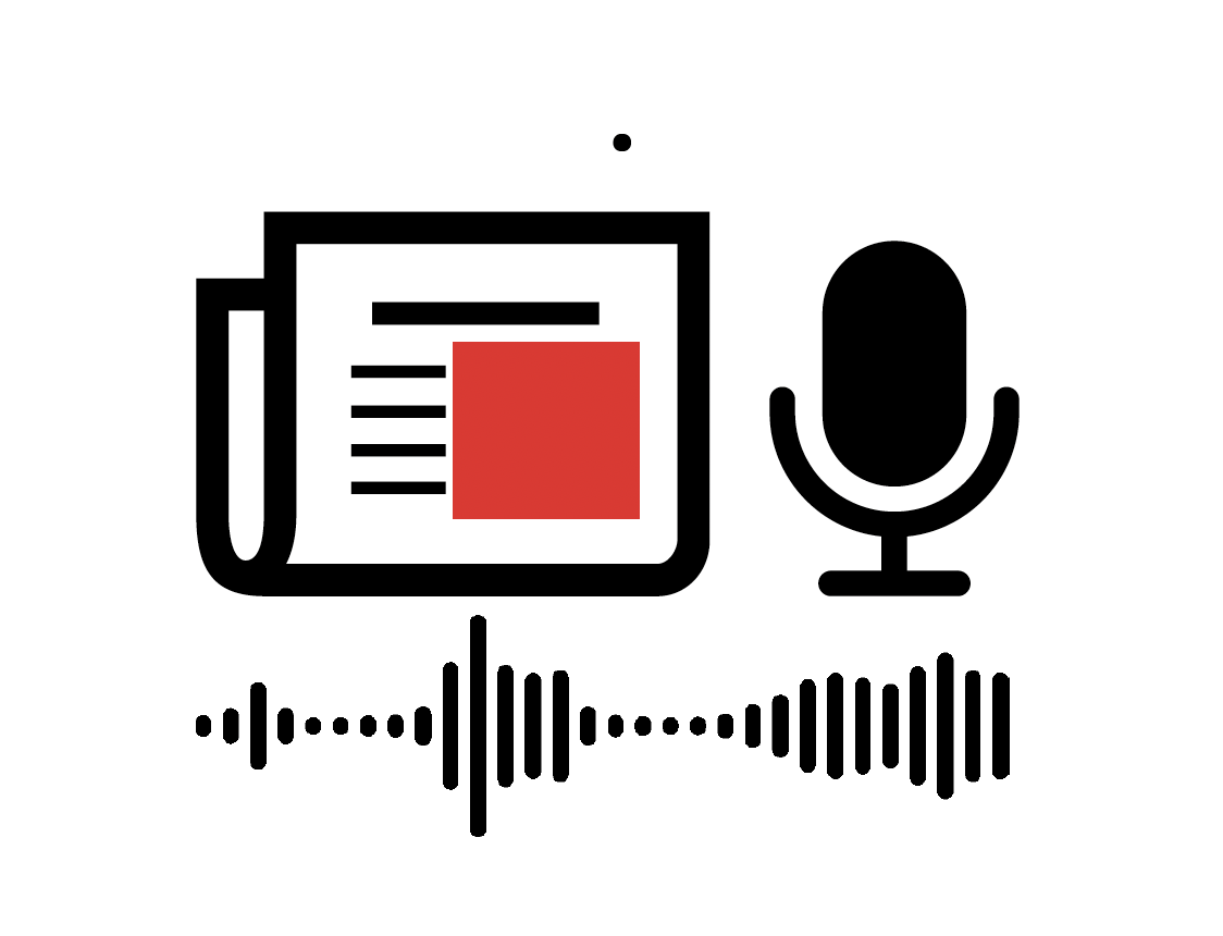 Podcast recording icon with a microphone, audio waveform, and a notepad with a red highlighted section.