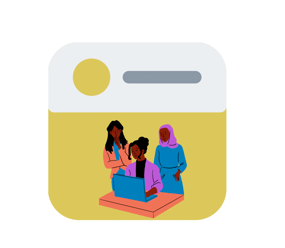 Illustration of three women looking at a laptop, with one seated at a desk and two standing behind her, in a stylized, colorful design.