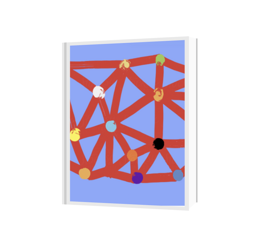 Colorful abstract artwork with interconnected red lines and multicolored circular nodes on a blue background.