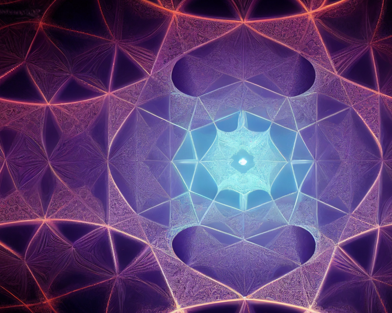 Abstract digital art with glowing geometric patterns in purple, pink, and blue hues, resembling a kaleidoscope or fractal design.