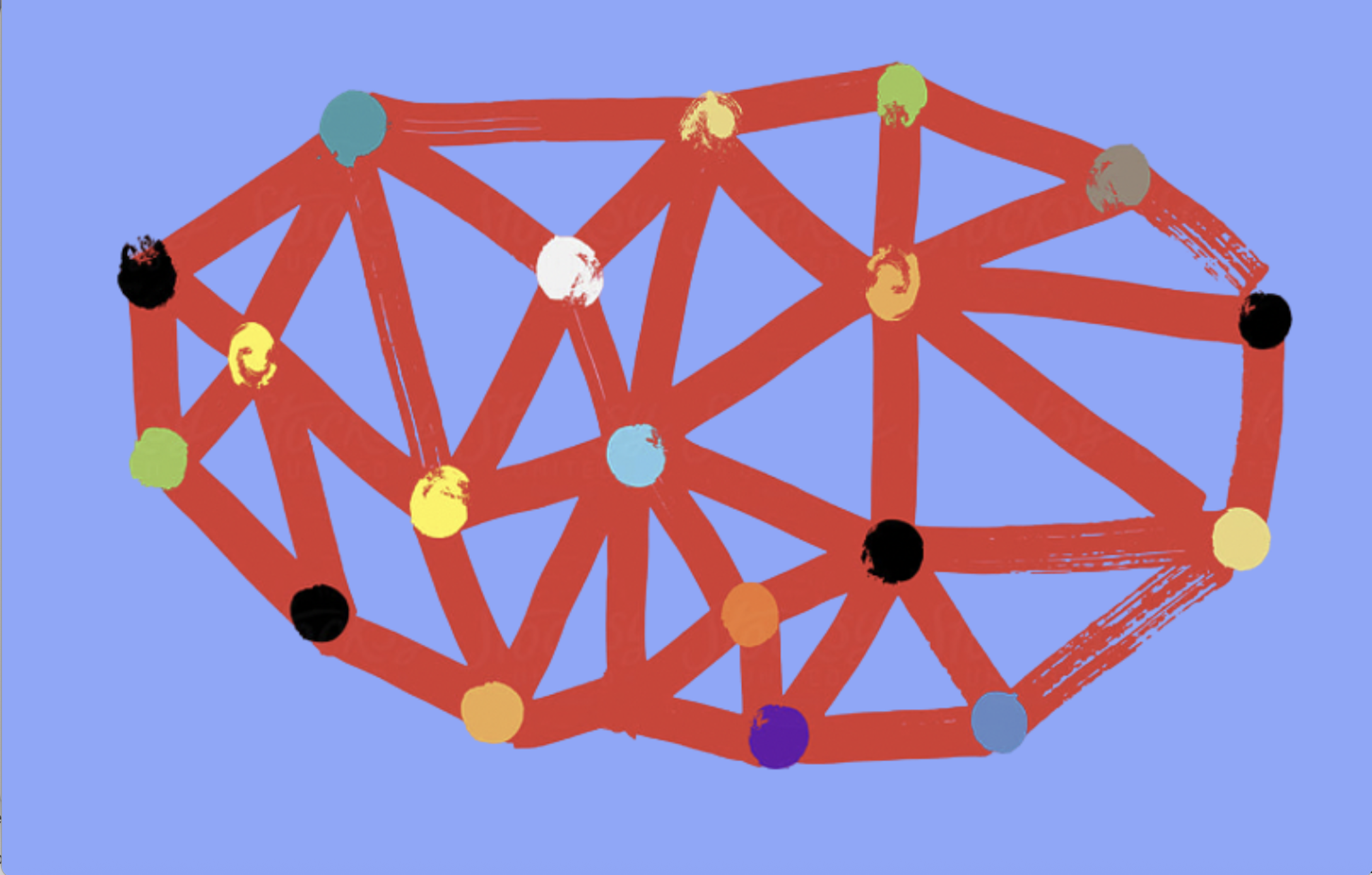 A colorful abstract drawing of interconnected red lines on a blue background, accented by colorful nodes, symbolizing a strong and bold connected network.