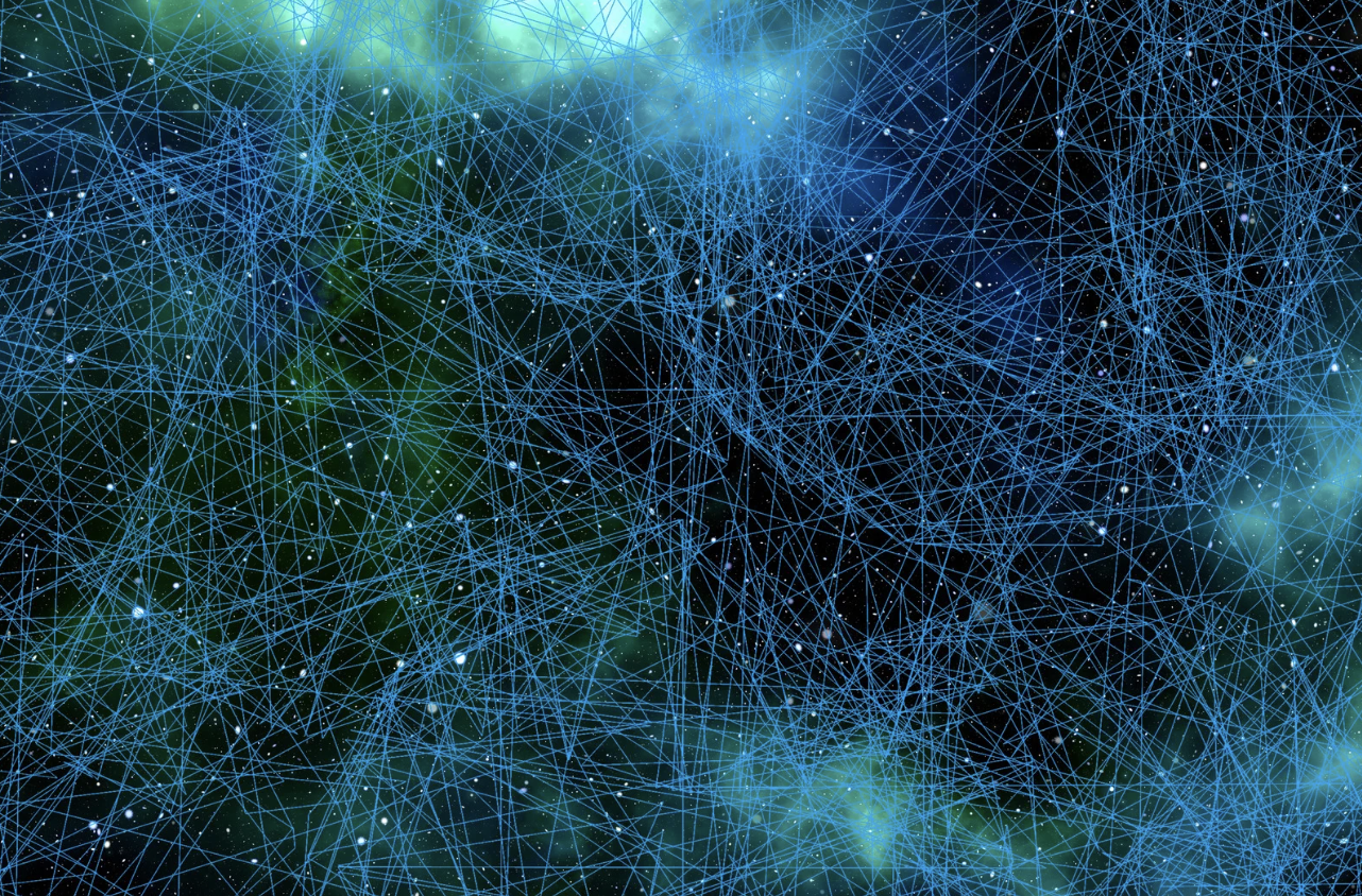 Abstract digital network with interconnected blue lines and glowing points against a dark background with green and blue highlights.
