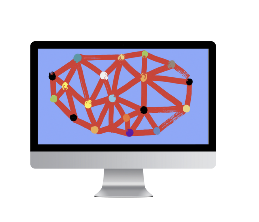 Digital illustration of a social network diagram on a computer screen, with nodes connected by red lines.