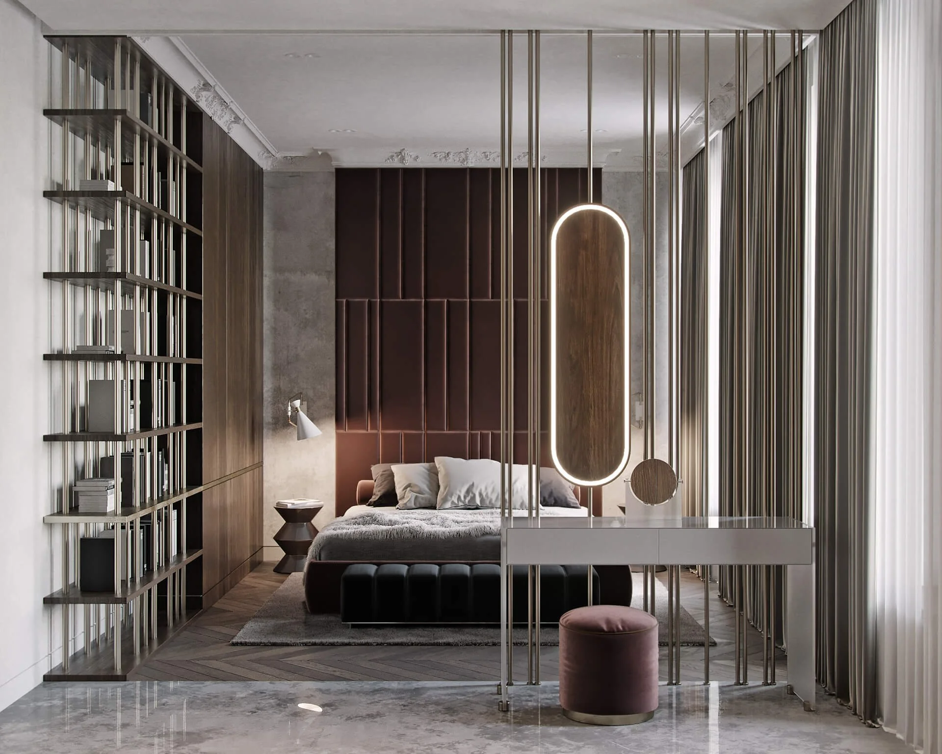 Modern bedroom with a large bed, dark headboard, and a surrounding metallic divider. A bookshelf is on the left, and a nightstand with a desk lamp beside the bed. Large windows with sheer curtains on the right, and decorative lighting fixtures hanging from the ceiling.