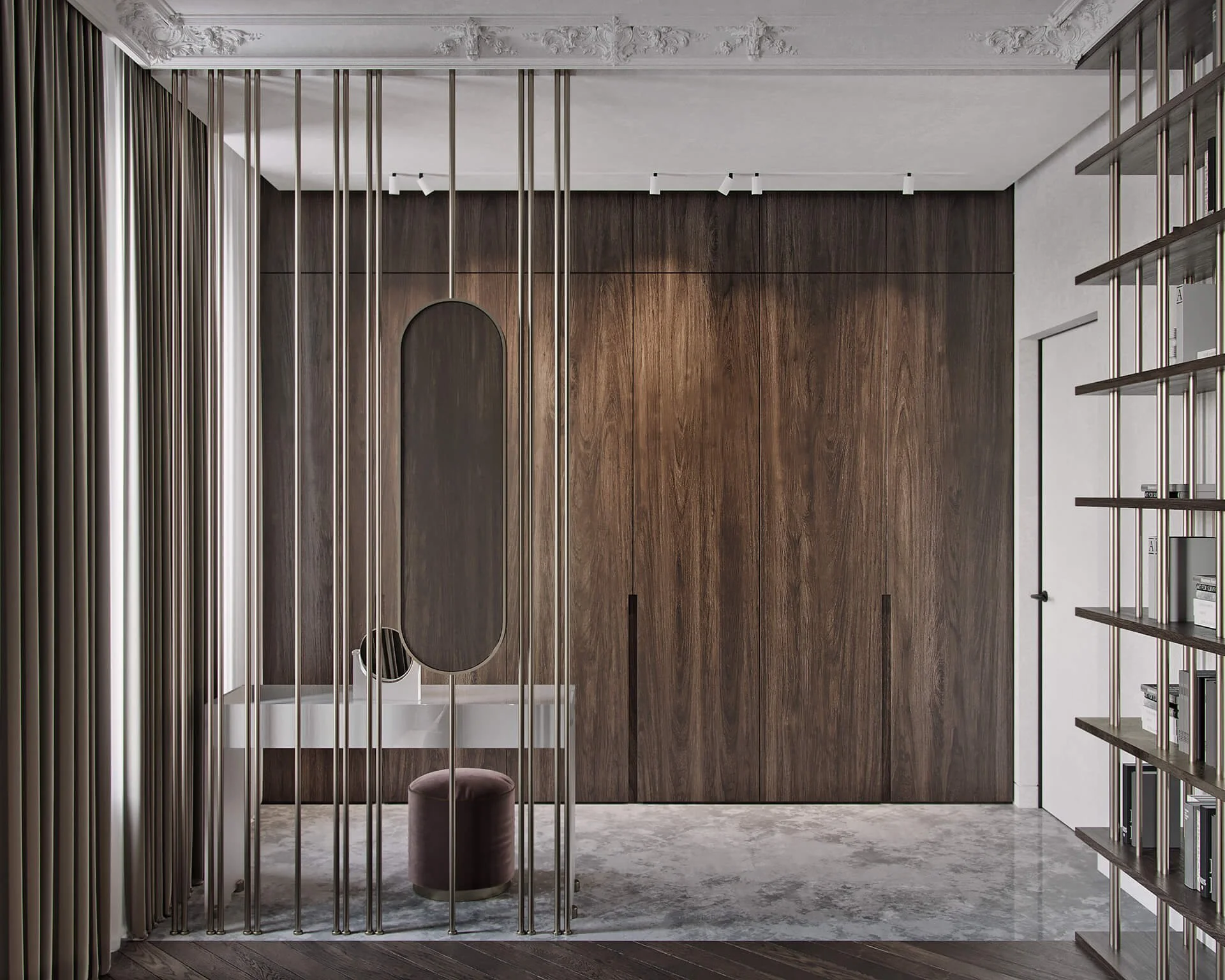 Modern interior room with wooden wall panels, metal dividers, a small vanity with mirror, gray stool, and a bookshelf on the right.