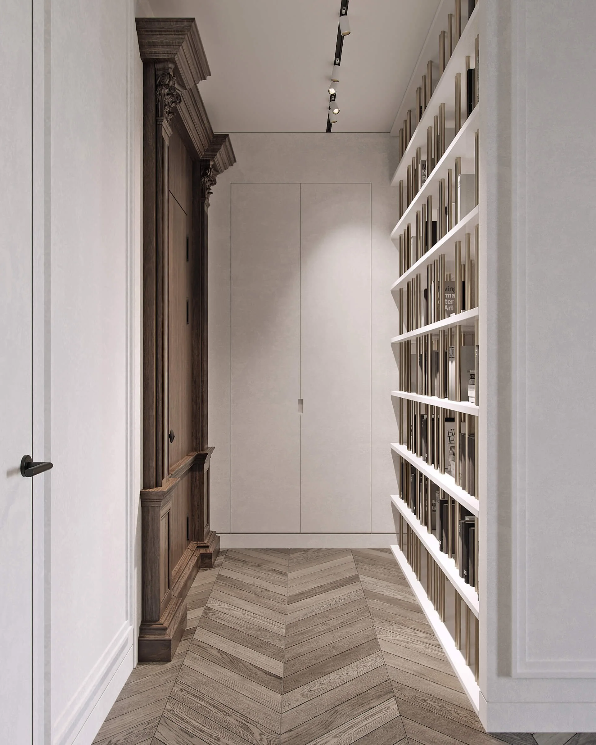 A hallway with a white bookshelf filled with books on the right, dark wood paneling and ornate crown molding on the left, and a herringbone-patterned wooden floor.