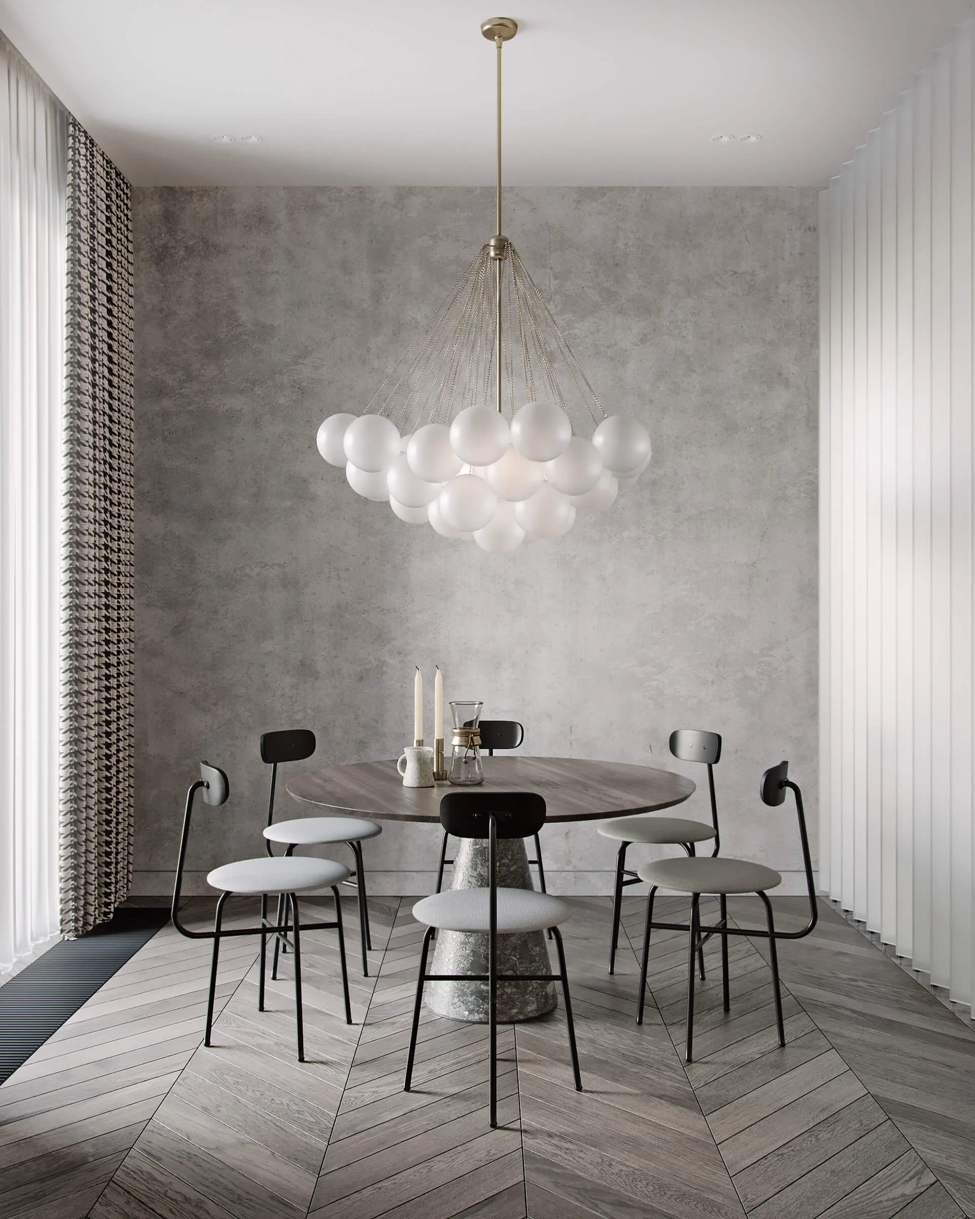 Modern dining room with a round table, six black and white chairs, a geometric patterned floor, gray textured wall, white curtains, and a contemporary chandelier with multiple globes.