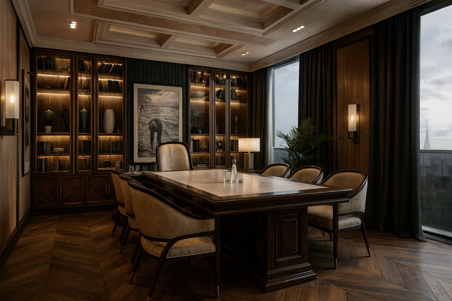 A luxurious conference room with a large wooden table surrounded by upholstered chairs, a built-in wooden bookcase with lit shelves, and large windows with dark curtains revealing a cityscape skyline.
