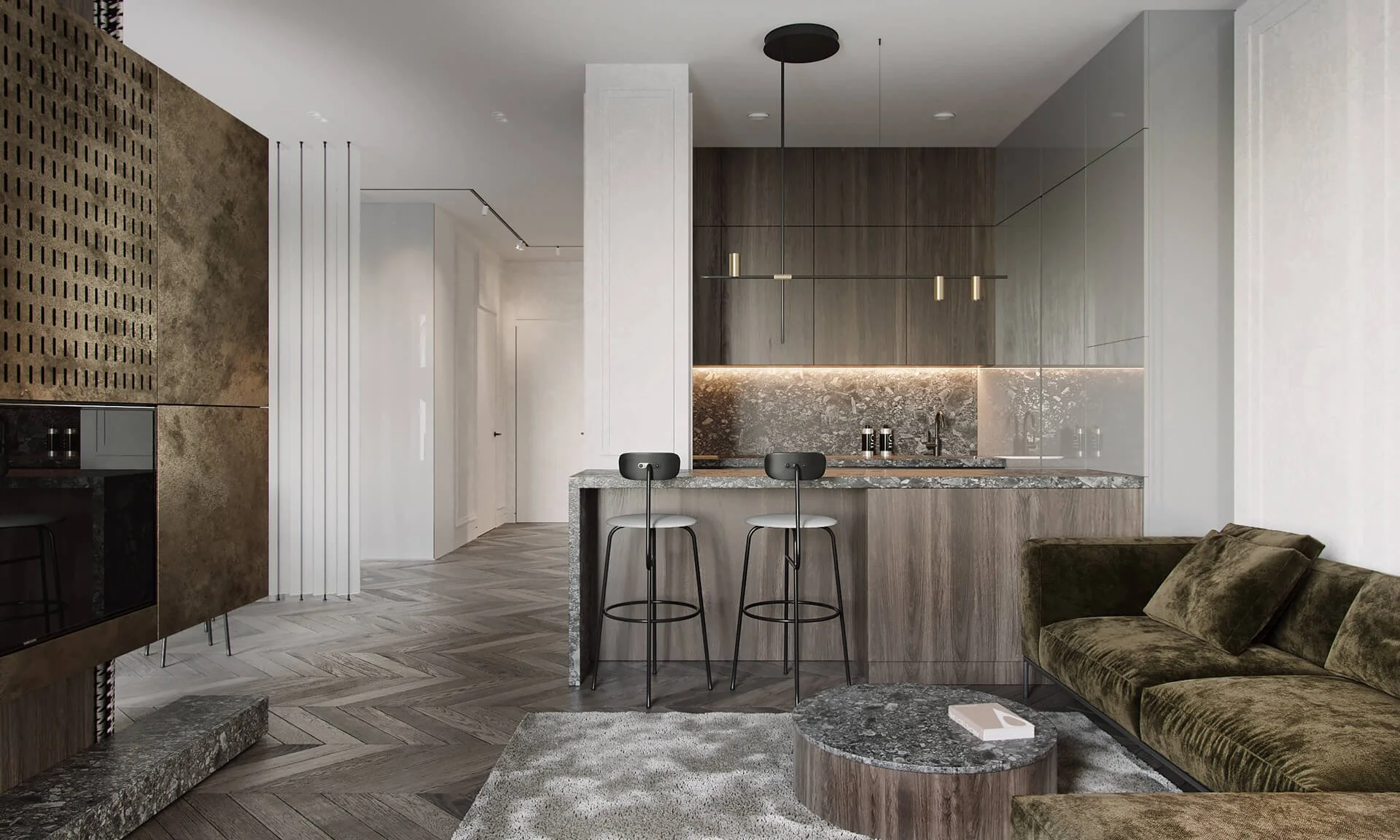 Modern living room and open kitchen with bar stools, gray and brown tones, textured backsplash, and a velvet sofa.