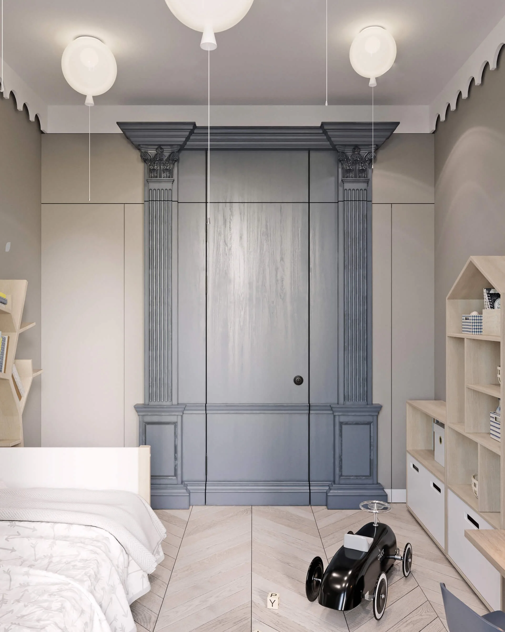 Children's bedroom with a gray expresso color closet with ornate columns, a bed with white bedding, a small black ride-on toy car, and beige wooden shelving with bins and books.