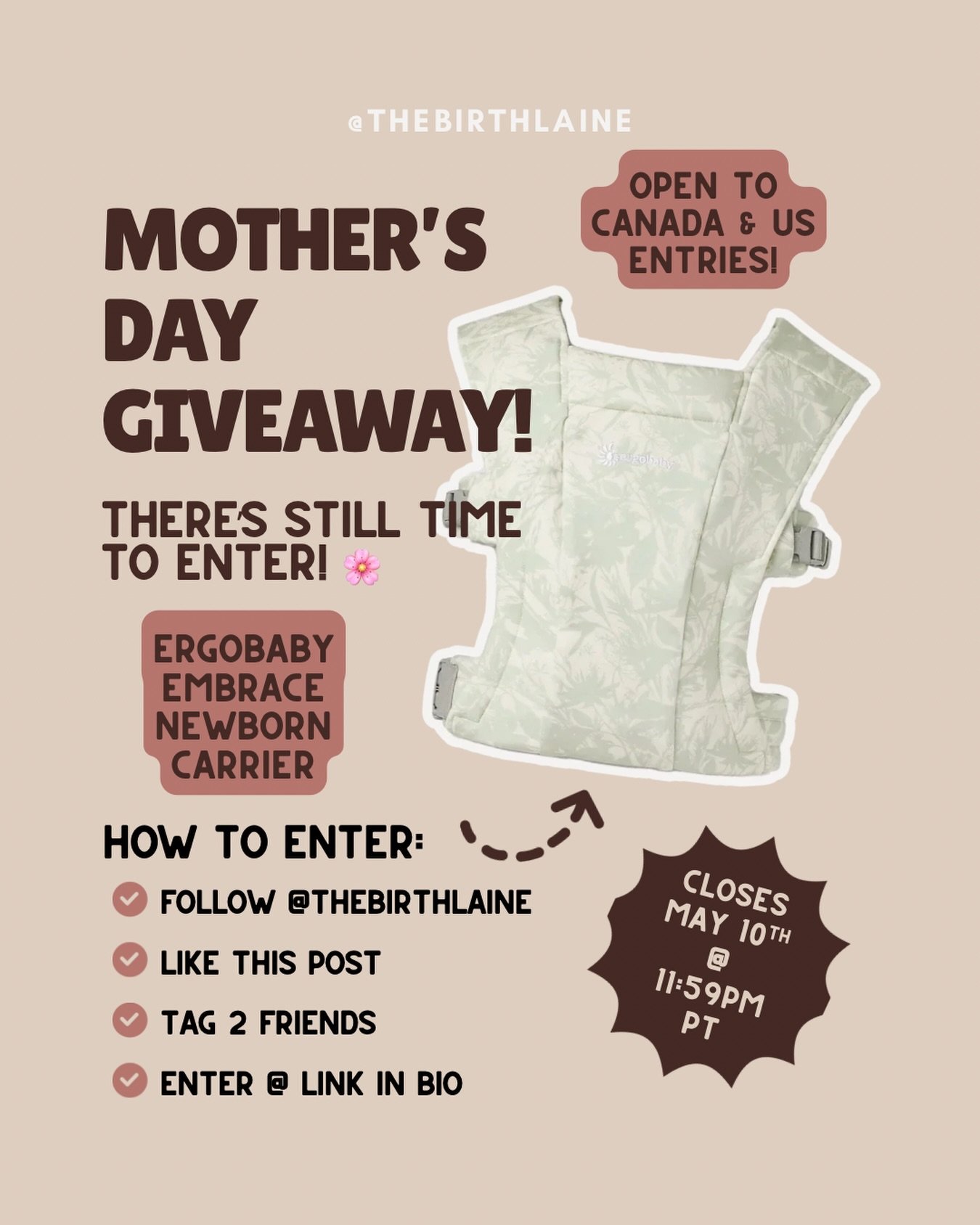 Only 3 days until Mother&rsquo;s Day and there&rsquo;s still time to enter. 🌸

One lucky family is winning an Ergobaby Embrace Newborn Carrier - my top carrier recommendation for the newborn stage. Soft, simple, ergonomic from day one, and compact e