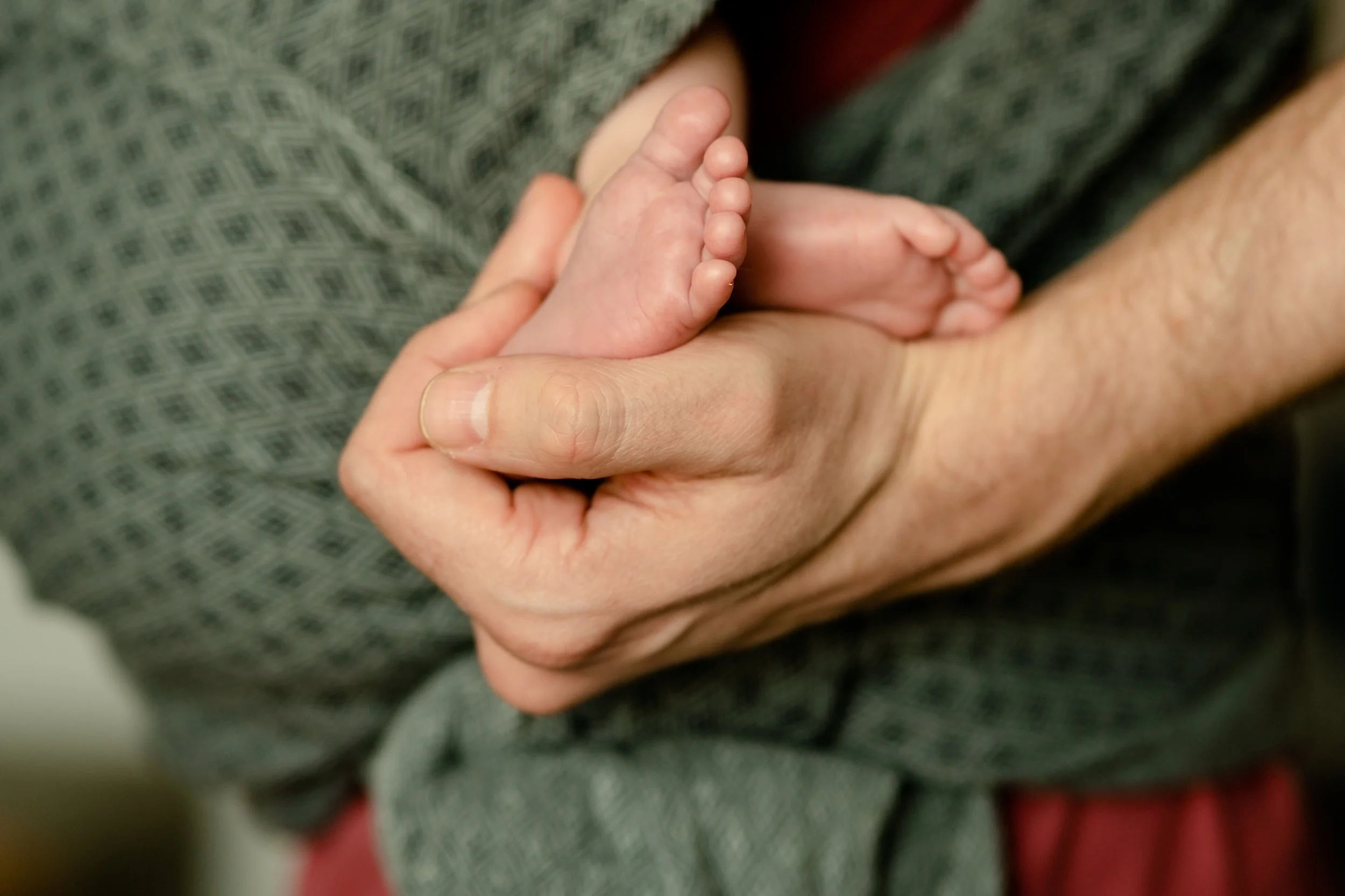 Close-up of a new parent's hand holding their baby's foot.