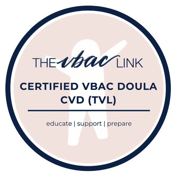 Logo for THE VBAC LINK, promoting certified VBAC doula training, with the words 'educate, support, prepare'.