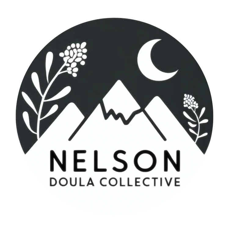 Logo of Nelson Doula Collective featuring mountains, a crescent moon, and decorative plants.