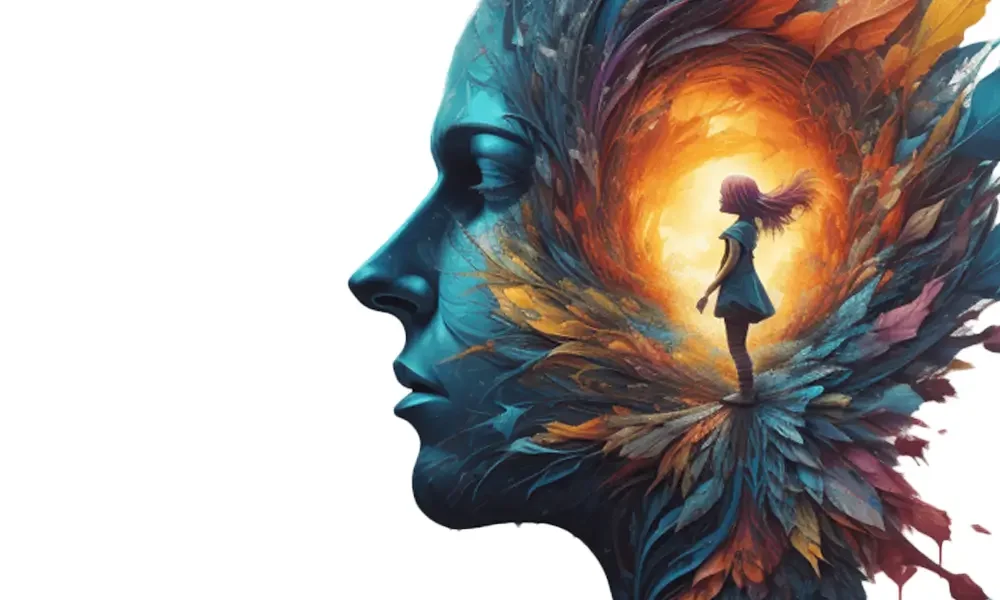 Artistic digital illustration depicting a profile of a woman's face with a vivid, swirling scene inside her head, featuring a girl walking along a path towards a bright, glowing light at sunset.