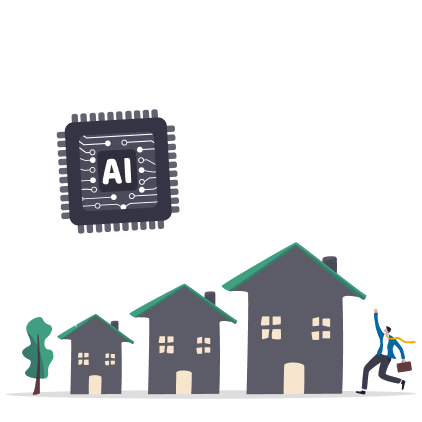 Illustration of a city with houses and a person holding a briefcase, with a large AI chip in the sky linked to the city, representing artificial intelligence technology impacting urban life.