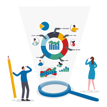 Illustration of data analysis with charts, graphs, a magnifying glass, and people observing.