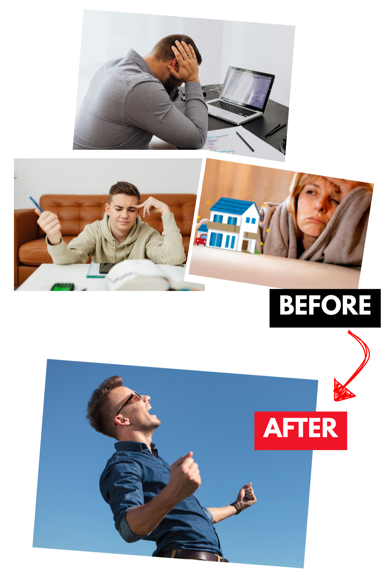 Comparison between stressed individuals and a happy person, with the top images showing frustration or worry and the bottom image showing joy and triumph.