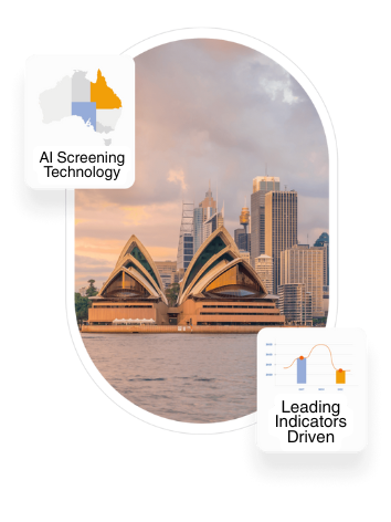 Sydney Opera House and city skyline during sunset with AI screening technology and leading indicators labels.
