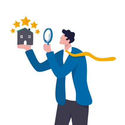 A person in a blue suit and yellow tie holds a magnifying glass, inspecting a house with five stars above it, symbolizing ratings or quality, with clouds in the background.