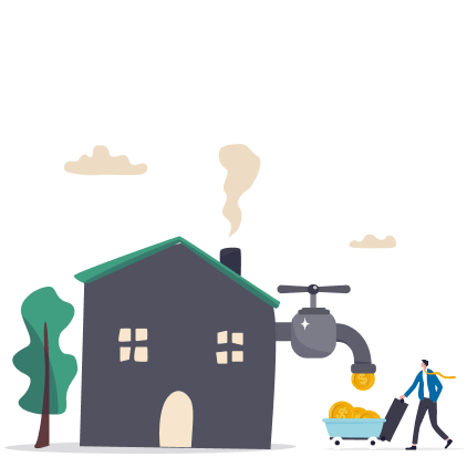 A person wheeling a trolley full of coins towards a house connected to a gas meter, with a cloudy sky and a tree nearby.