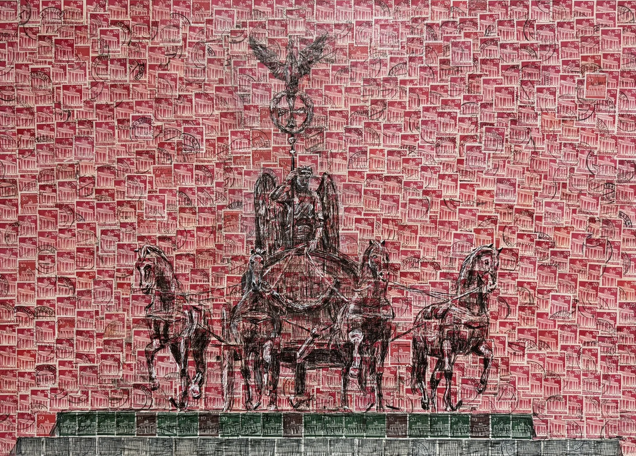 Brandenburger Tor, 43 x 60 cm, Tusche auf Briefmarken (MDF-Platte)