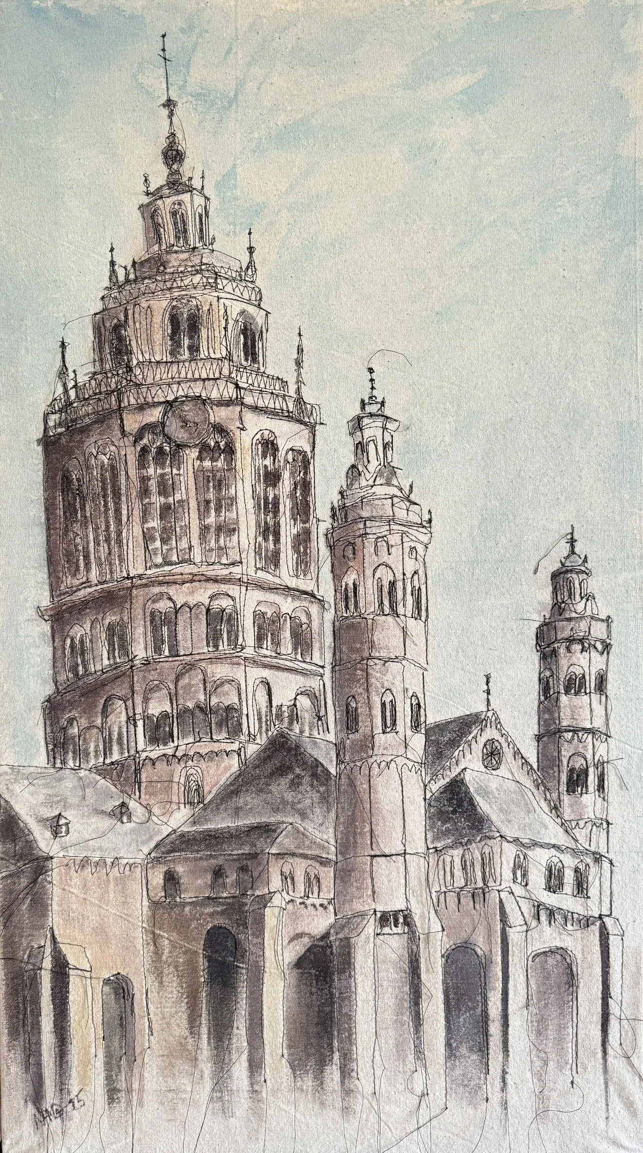 Mainzer Dom, 80 x 45 cm, Maschinen- und Handstickerei, Aquarell auf Leinwand, 2025 - verkauft