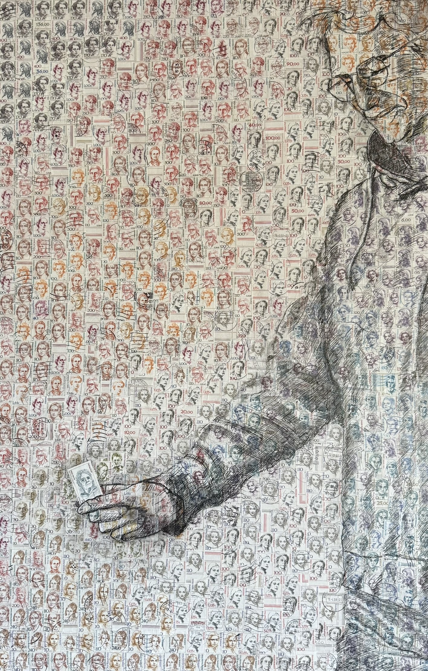 Selbstportrait mit eigener Briefmarke, 80 x 52 cm, Tusche auf Briefmarken "Frauen der Deutschen Geschichte" (MDF-Platte) - unverkäuflich