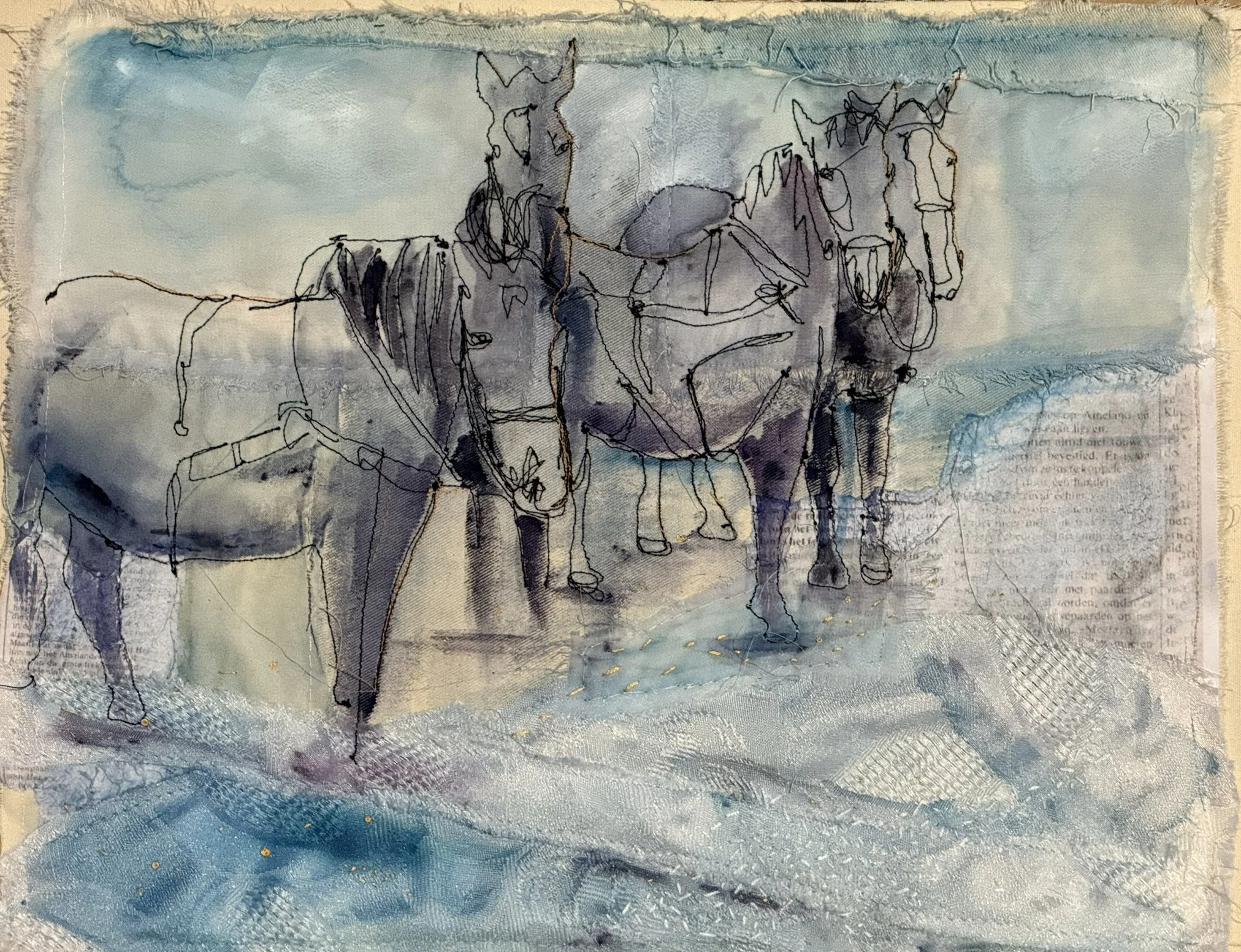 Pferde am Strand, 27 x 34 cm, Stickerei und Aquarell auf verschiedenen Stoffen, 2025