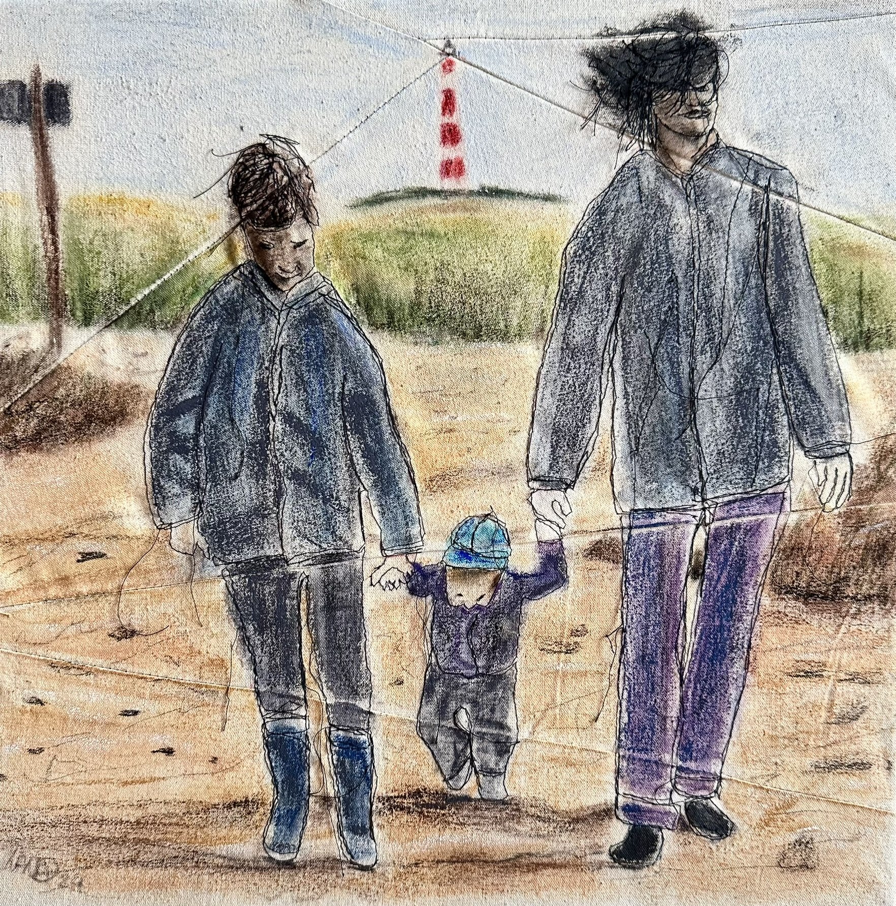 Kindheit, 40 x 40 cm, Maschinenstickerei und Pastellkreide auf Leinwand, 2024