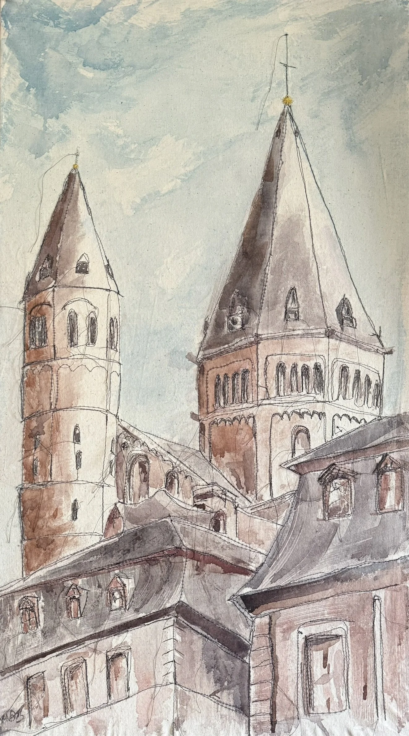Mainzer Dom, 80 x 45 cm, Maschinen- und Handstickerei, Aquarell auf Leinwand, 2025 - verkauft