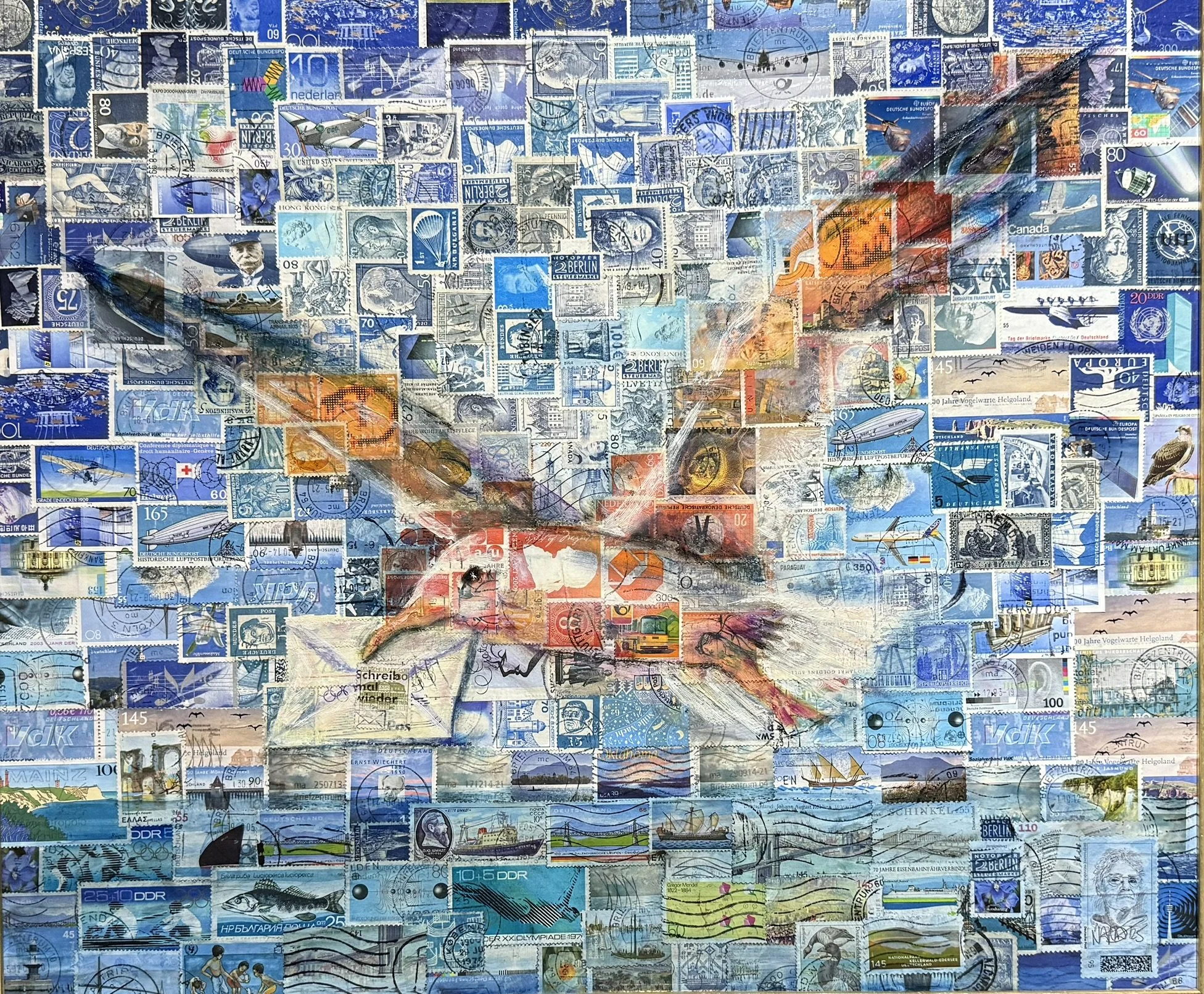 Luftpost, 41 x 48 cm, Öl auf Briefmarken (MDF Platte) - verkauft