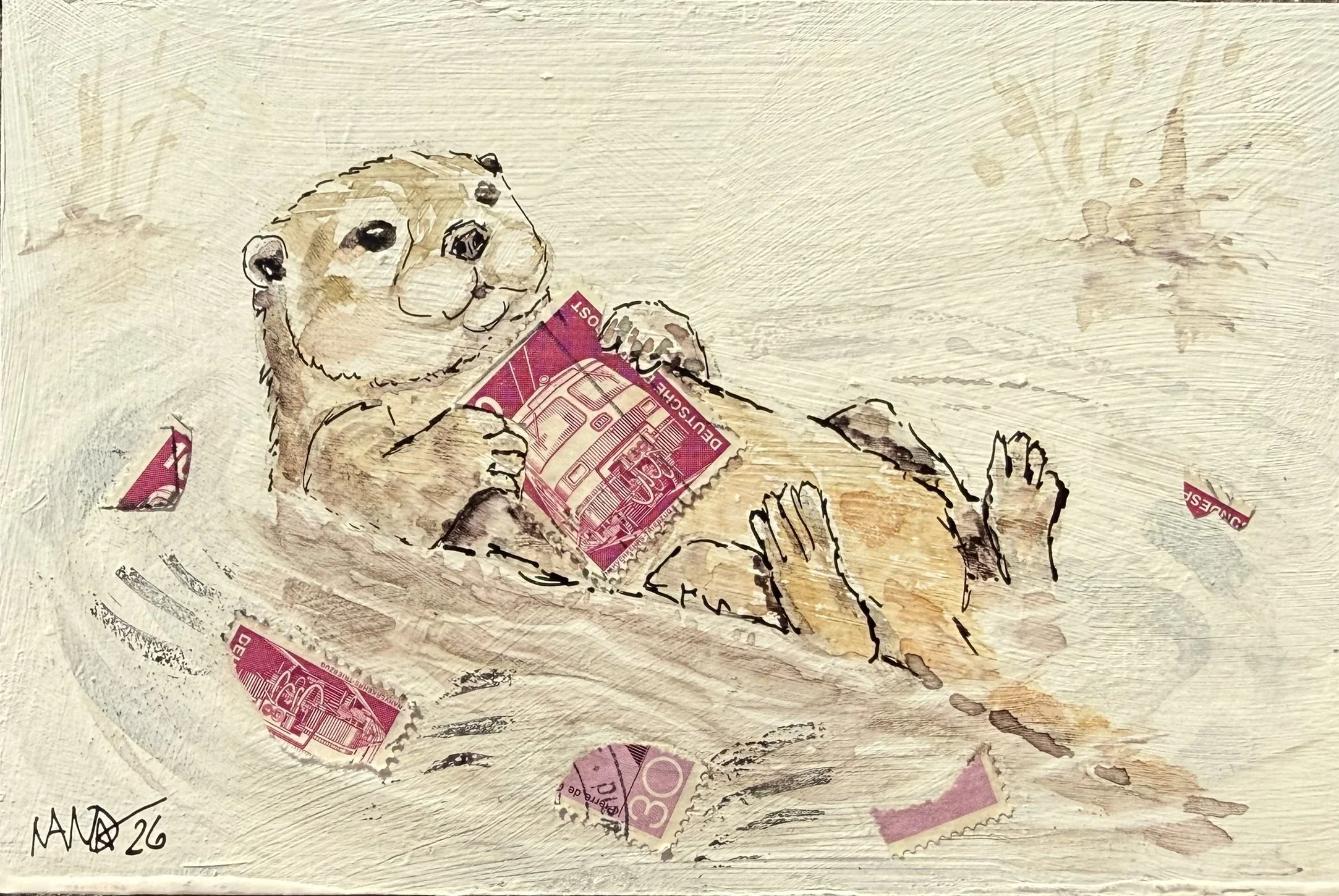 Otter, 10 x 15 cm, Mischform (Aquarell, Tusche und Briefmarken) auf MDF-Block, 2026